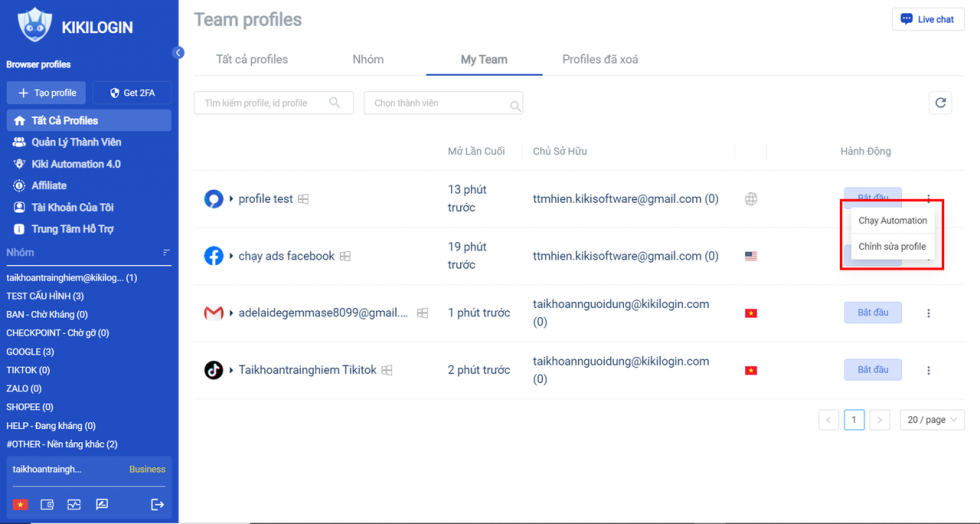 Các thao tác với profile trên My Team
