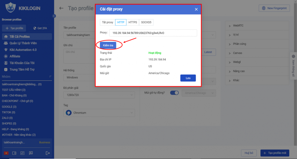 Cài đặt Proxy trên KikiLogin