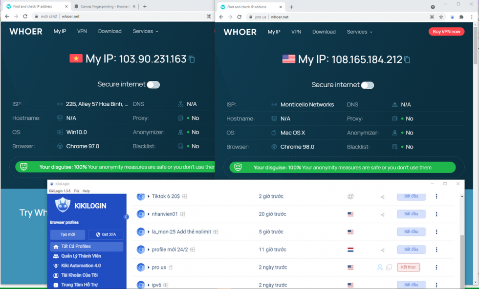 Check IP của profile qua website whoer.net