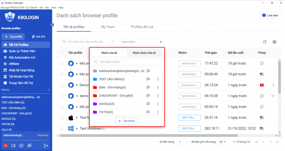 Nhóm trong KikiLogin