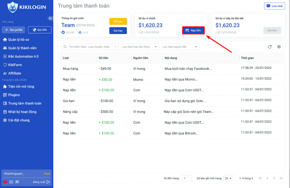 Thao tác Nạp tiền tại ô Số dư ví chính
