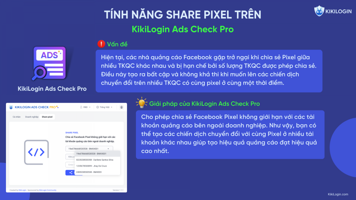 Hướng dẫn cách sử dụng tính năng chia sẻ Facebook Pixel không giới hạn trên KikiLogin Ads Check Pro